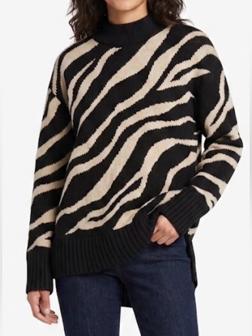 Tuckernuck Zebra Print High Low Sweater Medium 100% Wool Black Cream